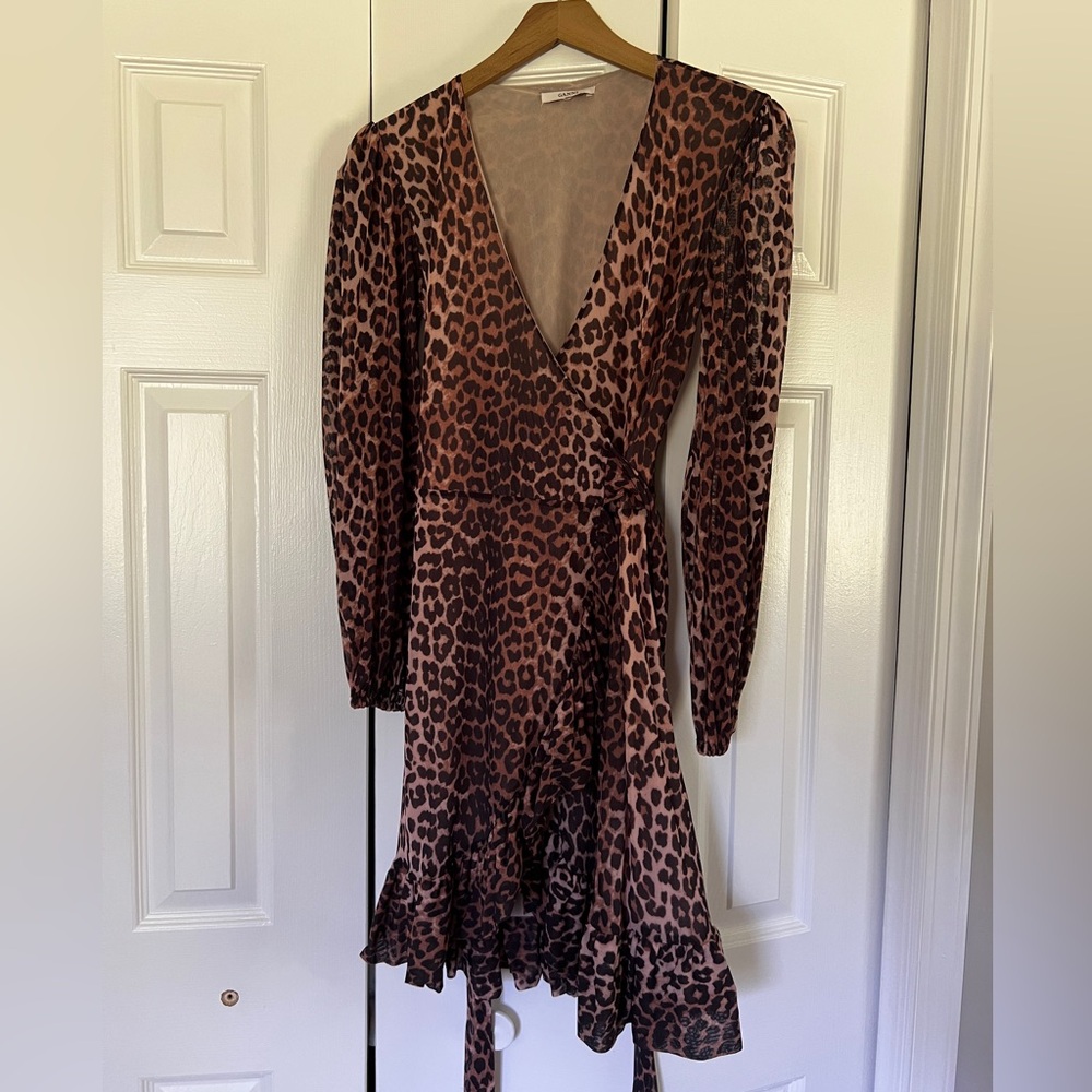 Ganni long sleeve leopard wrap dress